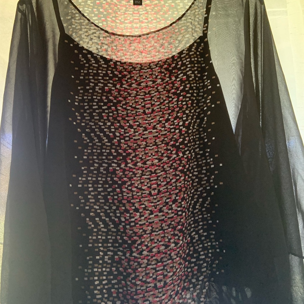 Lovely Sheer black blouse with different colors on front and built in camisole